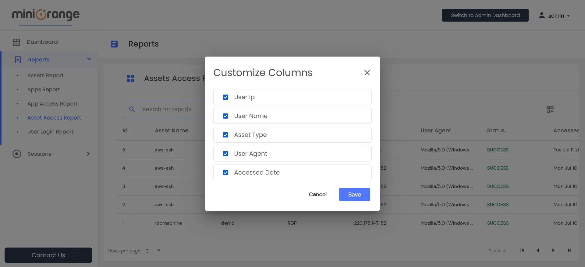 PAM Handbook - Asset Access Report: Customize the columns - To add or remove the users