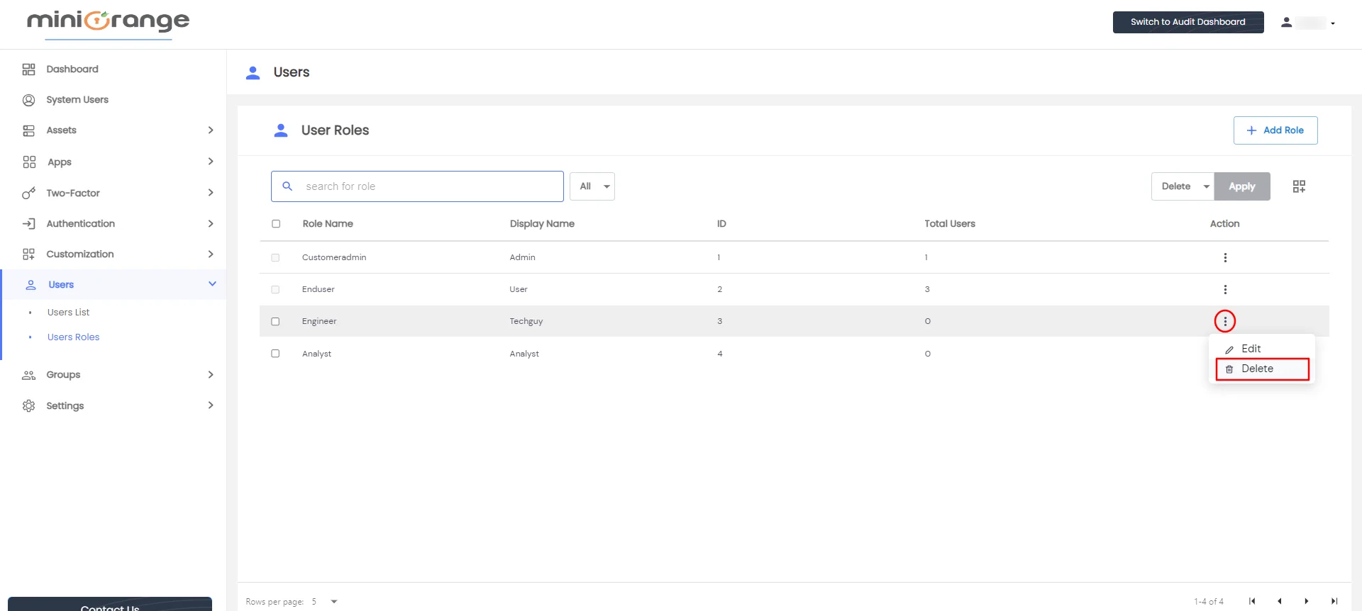 Privileged Access Management Admin Handbook: If you want to delete a single role, under action, click on three dot icon and click delete