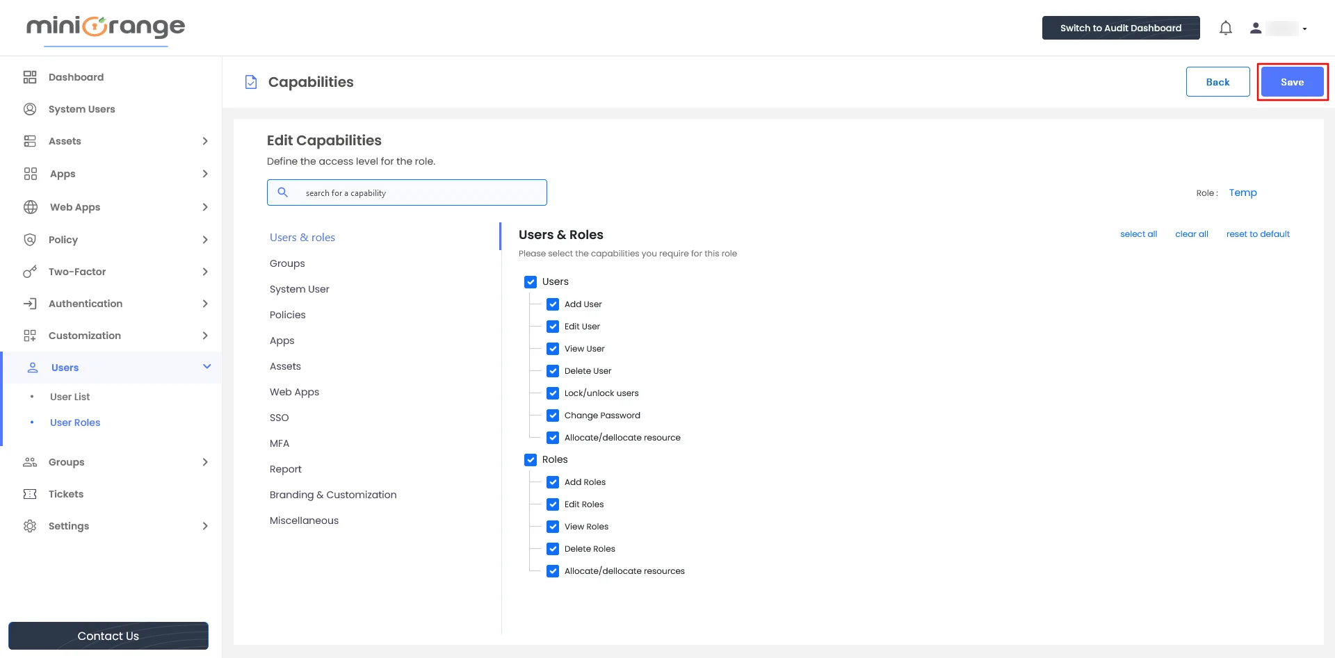 Privileged Access Management Admin Handbook: Edit user capabilities, under action click on three dot icon