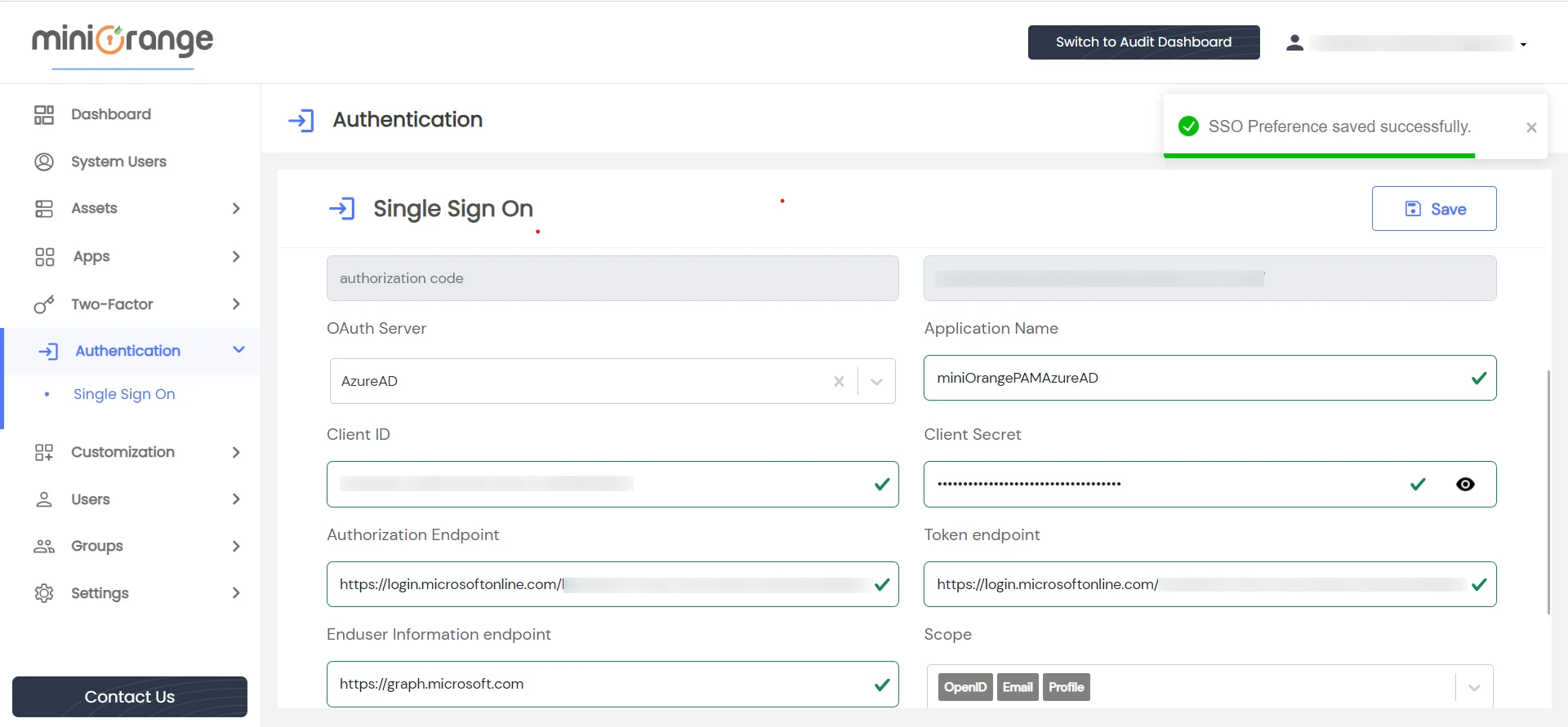 Privileged Access Management Admin Handbook: On the Single Sign-On, Provided Microsoft Entra ID information into the corresponding fields