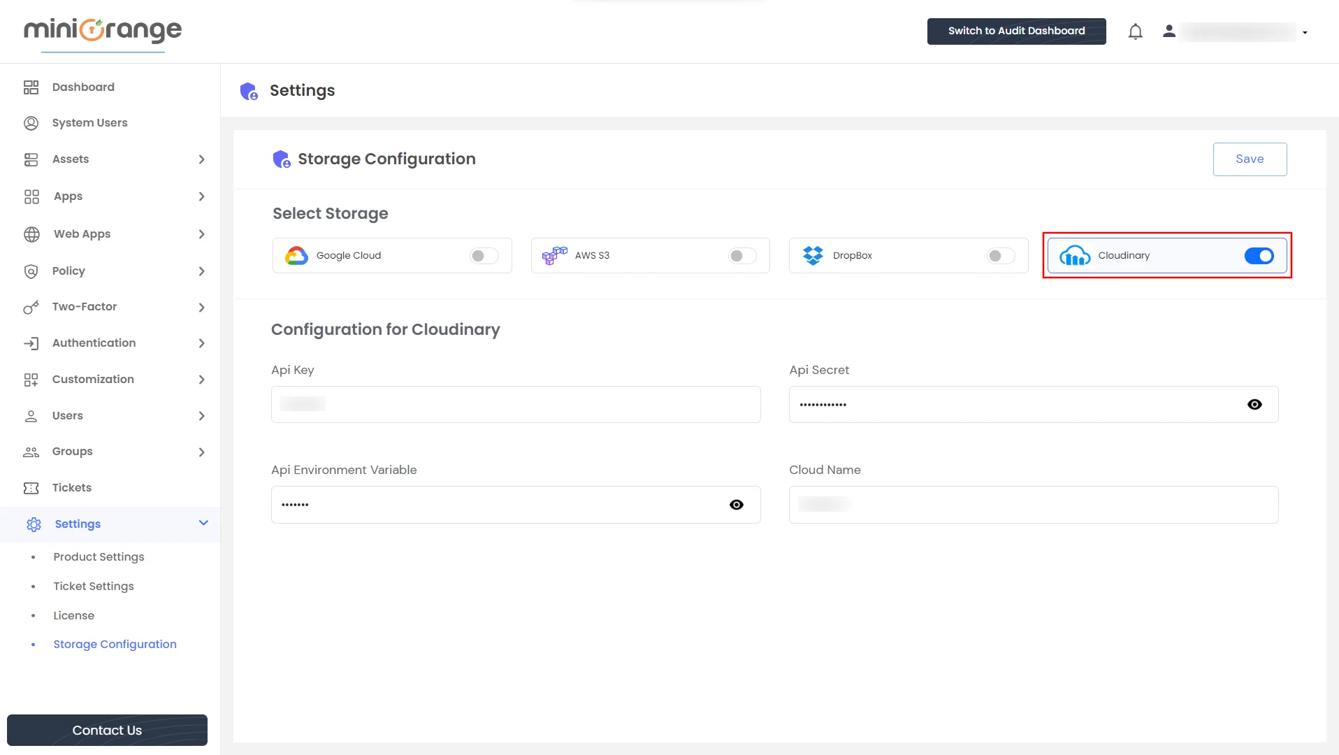 Privileged Access Management Admin Handbook: select Cloudinary as Storage option