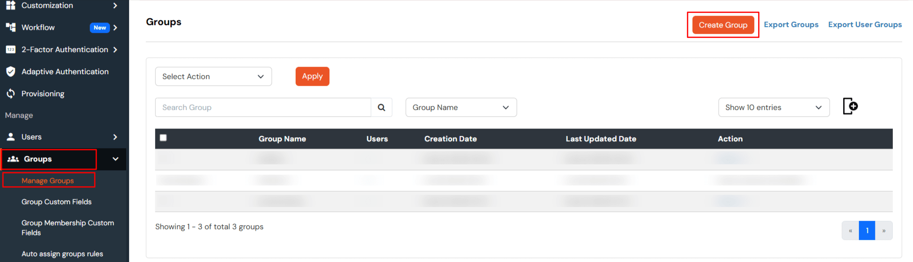 Create Group from Manage Groups section in Active Directory Provisioning