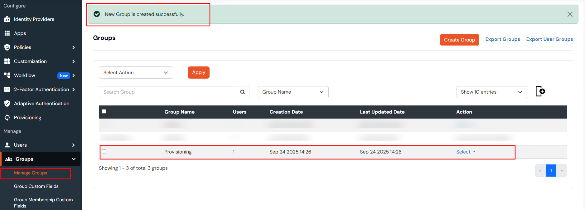 Group created successfully in Active Directory and listed under Manage Groups section