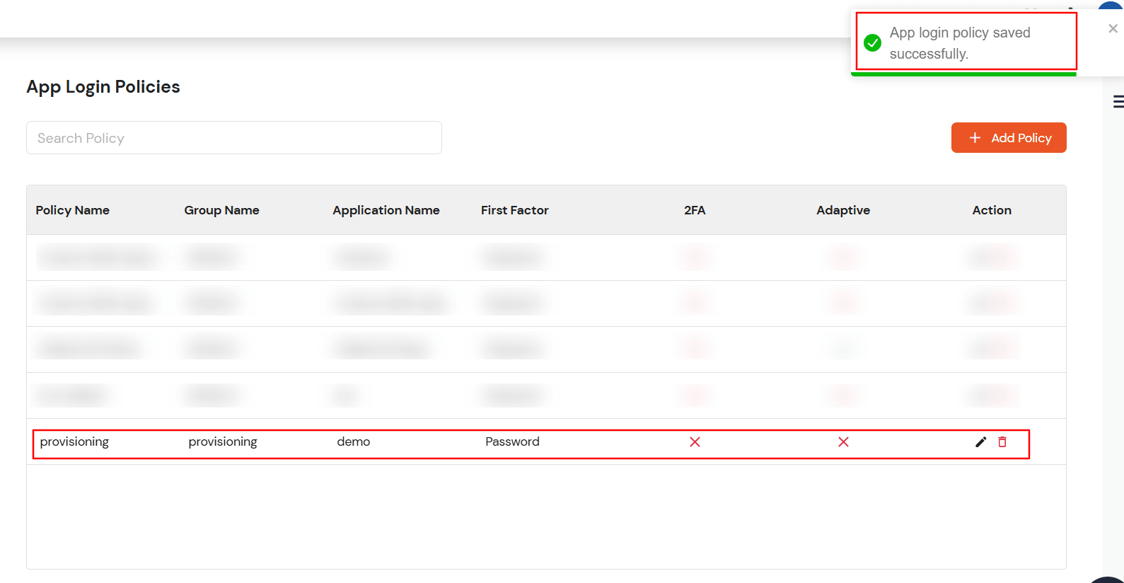 Policy creation success notification and policy listed under App Login Policy section