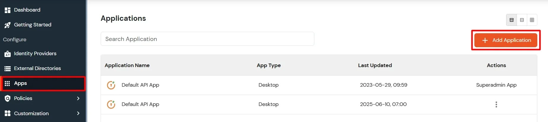 miniOrange Admin Console showing Add Application button in Apps menu