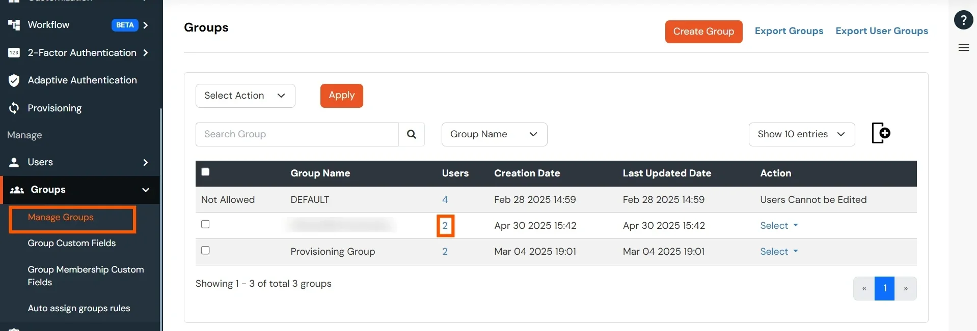 Manage Groups section showing user counts in groups