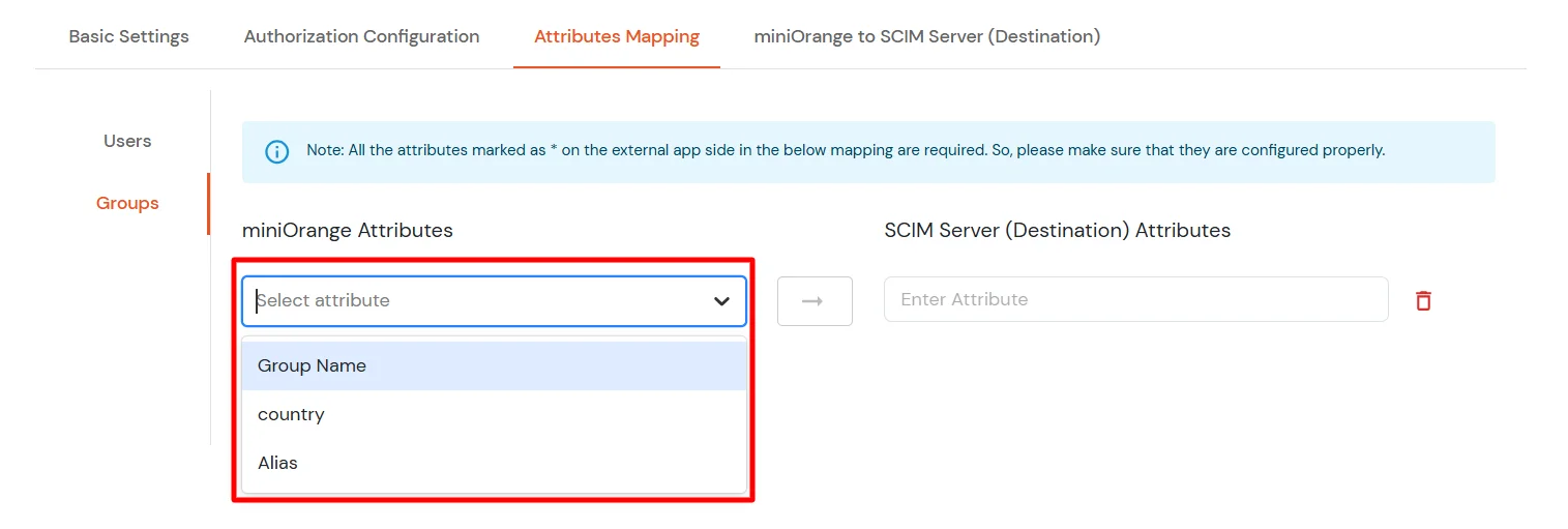 Figma SCIM Provisioning Select miniOrange Attribute from dropdown