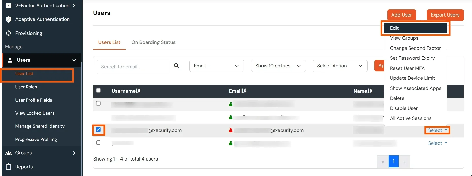 Selecting a user from the user list to edit details