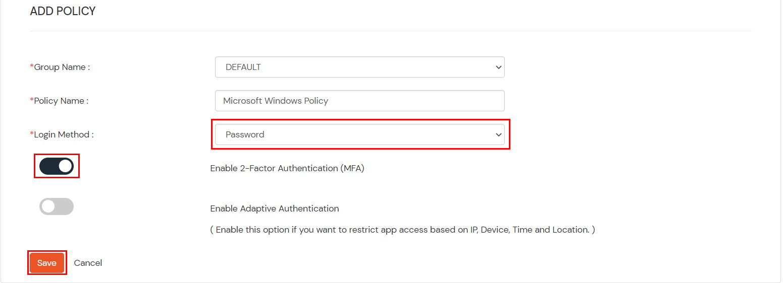 Select Login method as Password to configure Two-Factor Authentication (2FA)