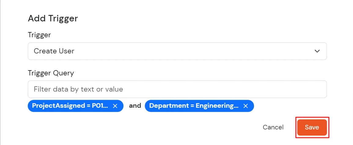 Rule-Based Automation/Provisioning : Clicking on Trigger Query input, showing a default list and custom profile attribute