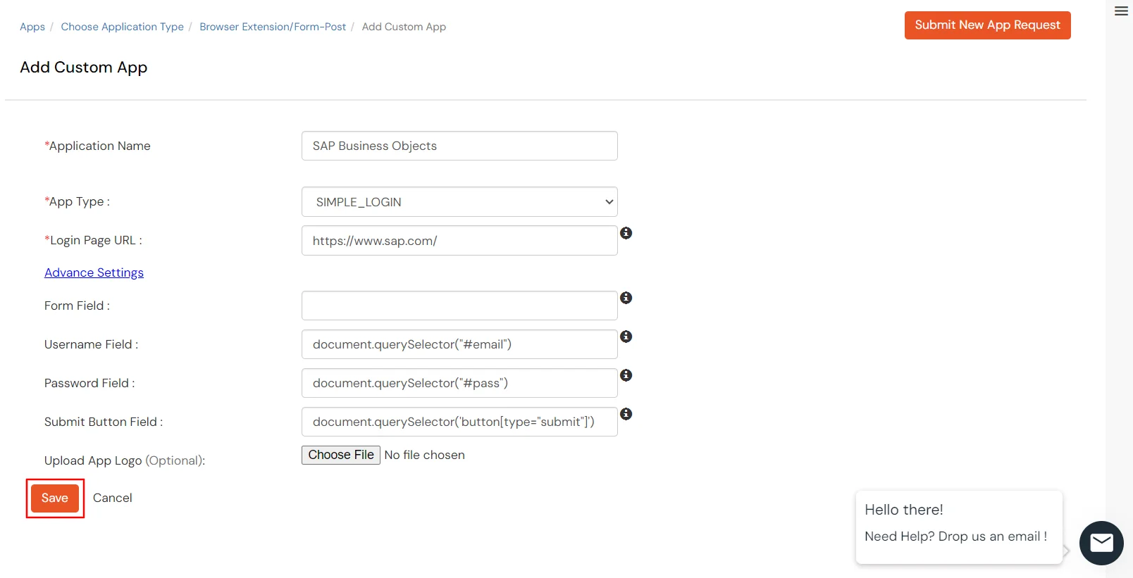SAP BusinessObjects Single Sign-On SSO Enter the following app details