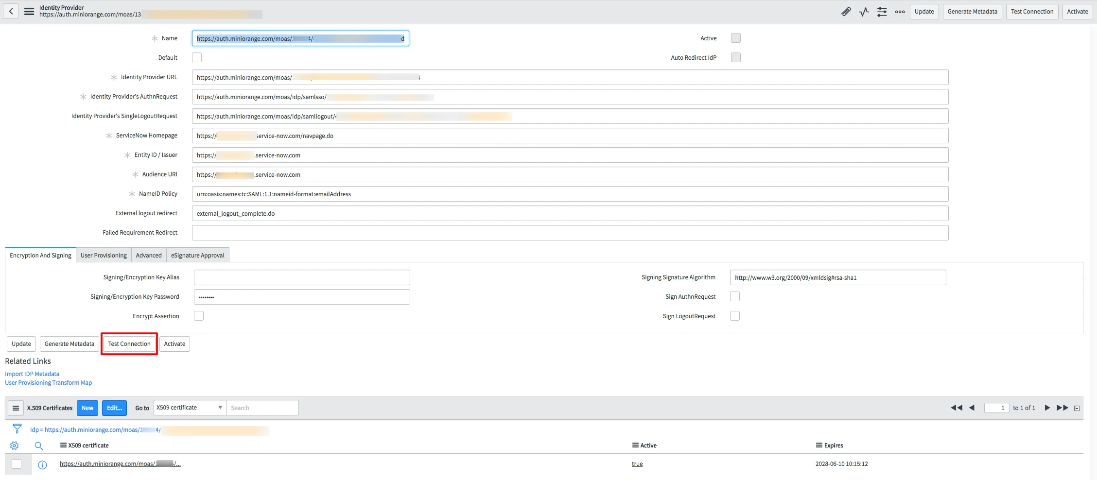 ServiceNow Single Sign-On (SSO) : Click on Test Connection