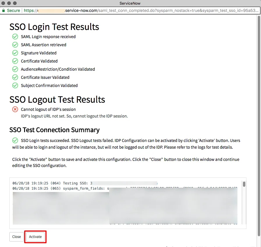 ServiceNow Single Sign-on: SSO Login Test Results