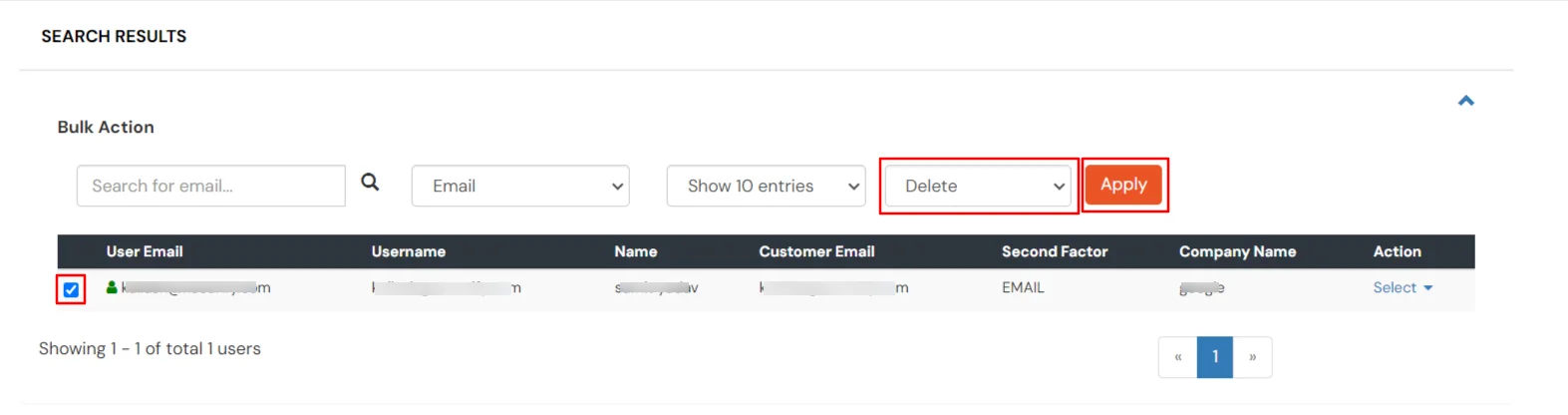 miniOrange Partner Portal Handbook: Enable checkbox and select delete option from dropdown in Bulk Action