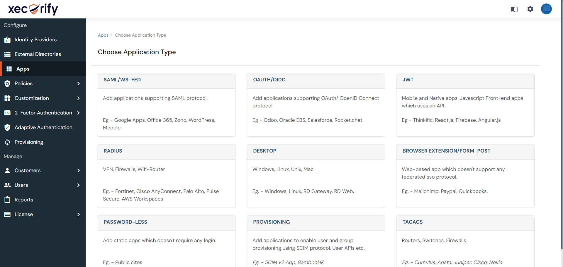 miniOrange Identity Platform Partner Portal Handbook: Choose Application Type