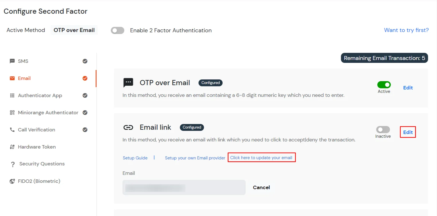 configure OTP OVER EMAIL