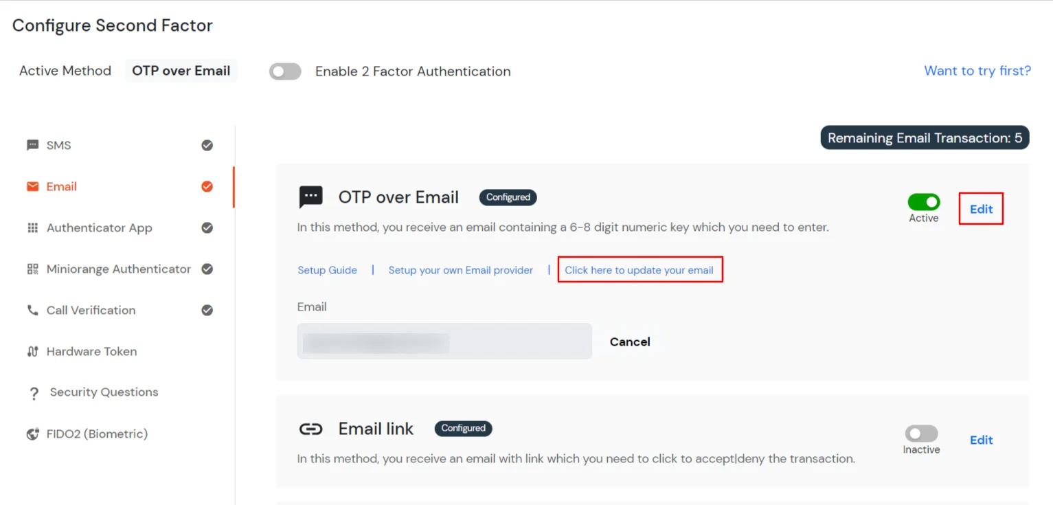 configure OTP OVER EMAIL