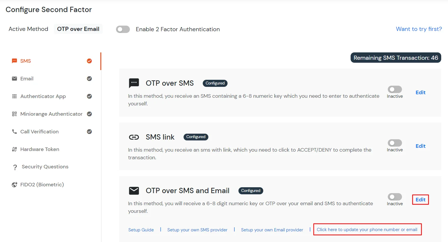 select OTP over Email method for super admin - Add Email Address