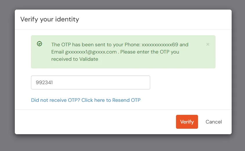 Enter OTP and verify admin authentication