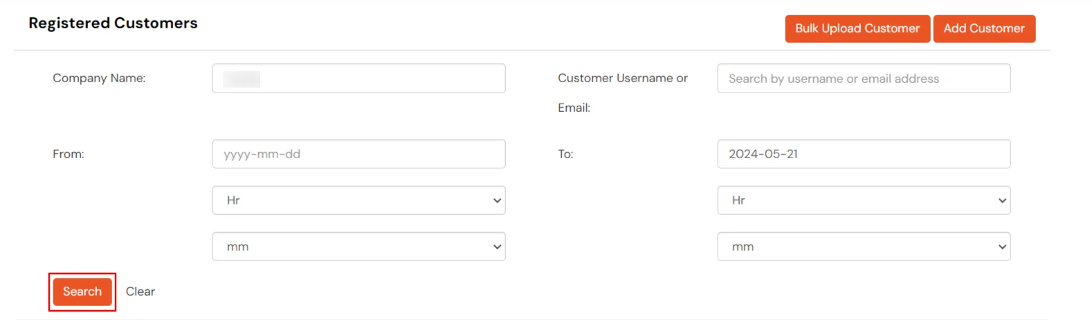 Search Customer By Company Name, Email OR Username