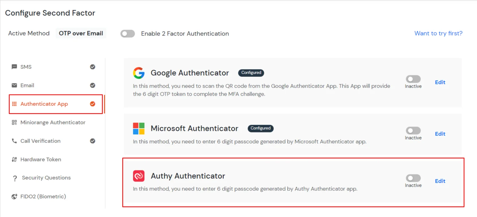 select Authy AUTHENTICATOR 2FA method