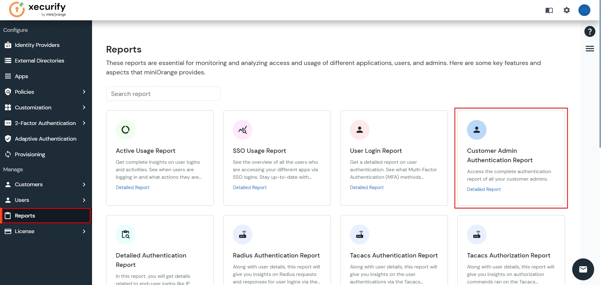 miniOrange Identity Platform Partner Portal Handbook: Click Reports, click Admin Authentication Report