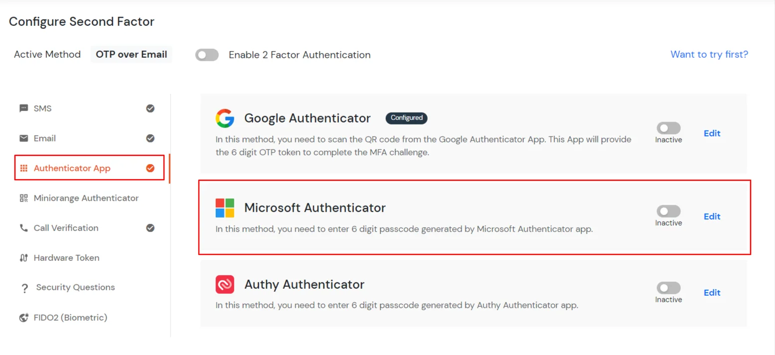 select Microsoft AUTHENTICATOR 2FA method