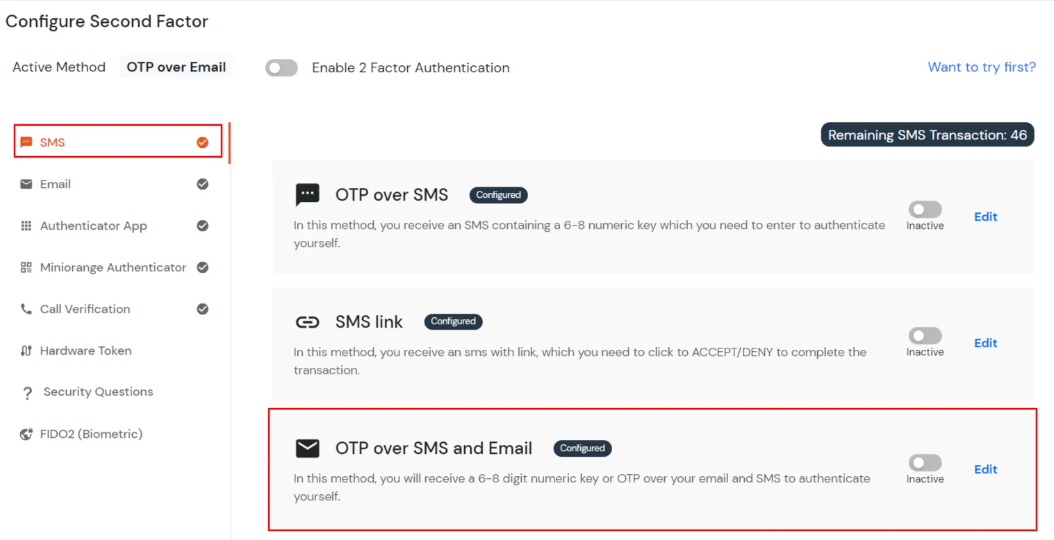 Select otp over email and sms 2FA method