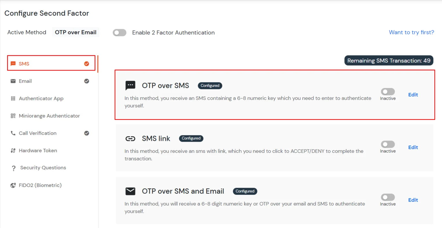 select OTP over SMS method for super admin