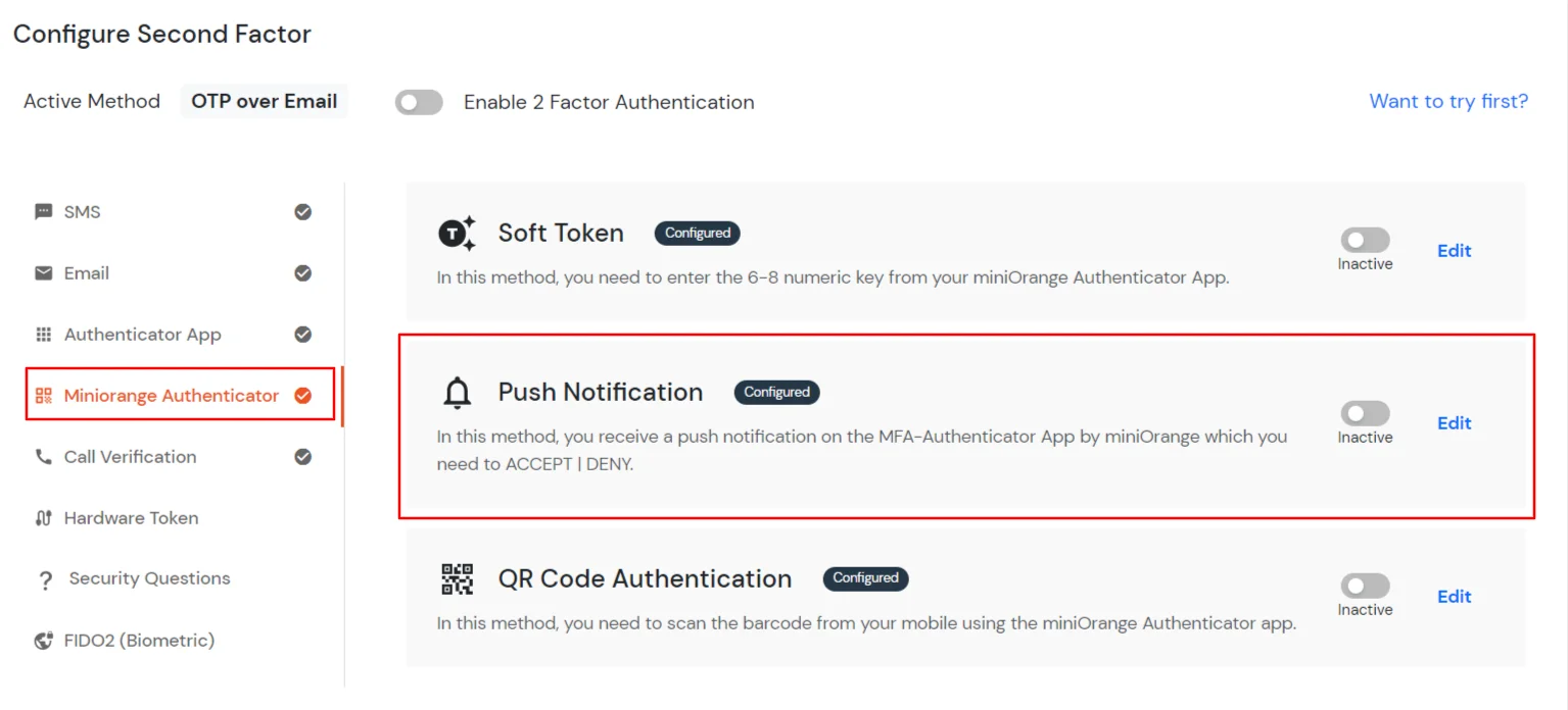 select PUSH NOTIFICATION 2FA method