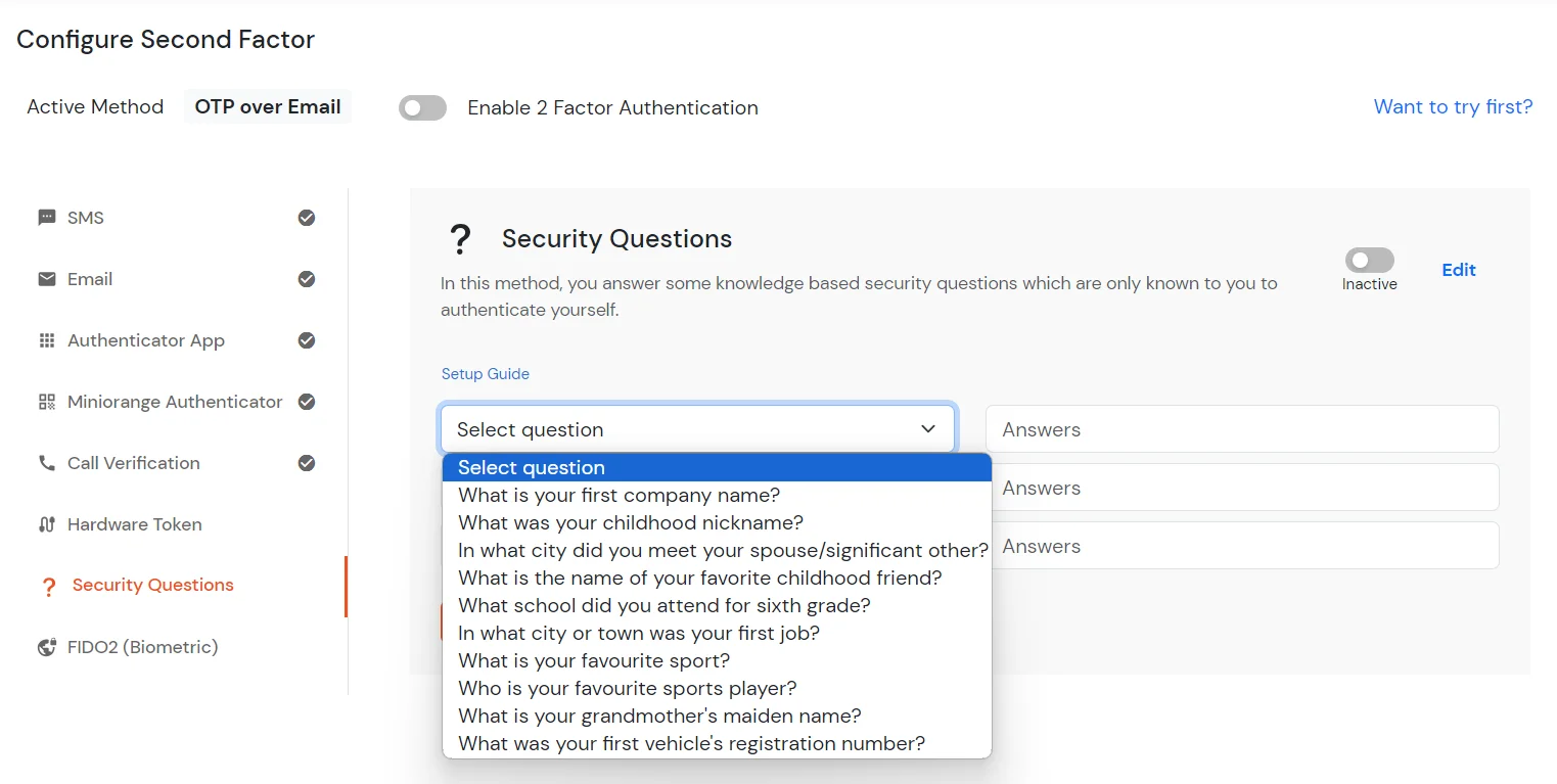 select KBA as your 2FA method