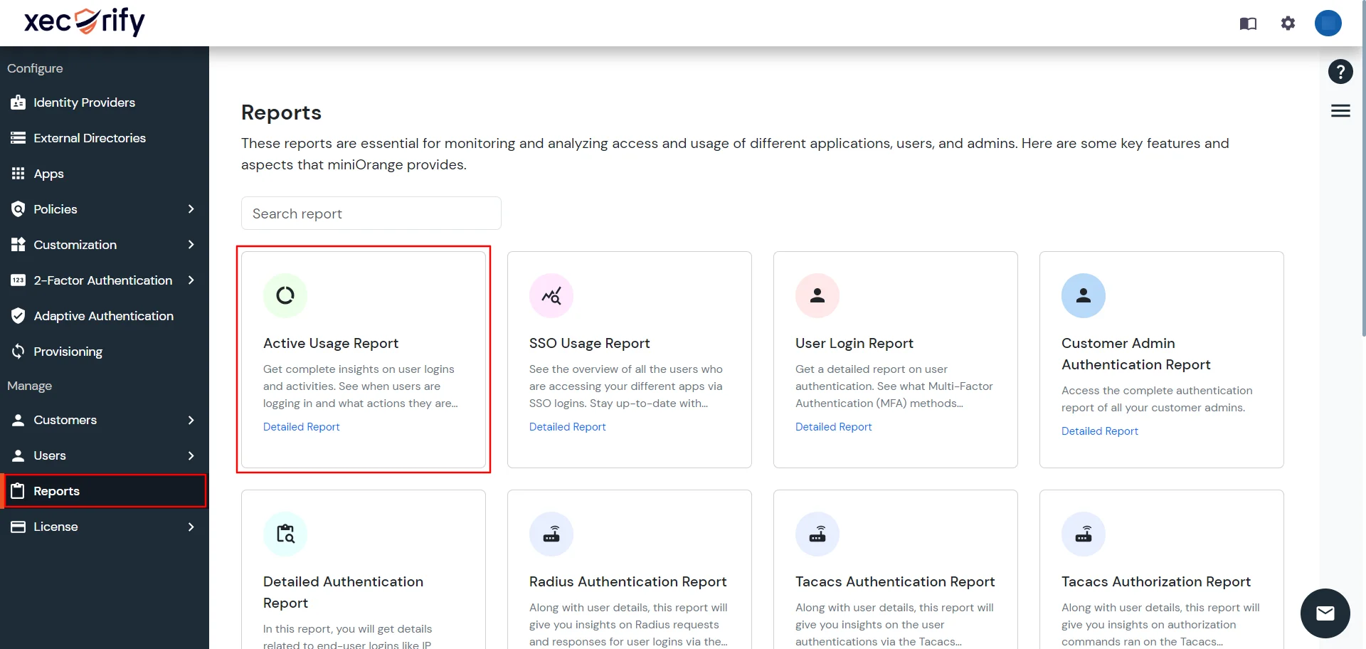 miniOrange Identity Platform Partner Portal Handbook: Click Reports then click Active Usage Report