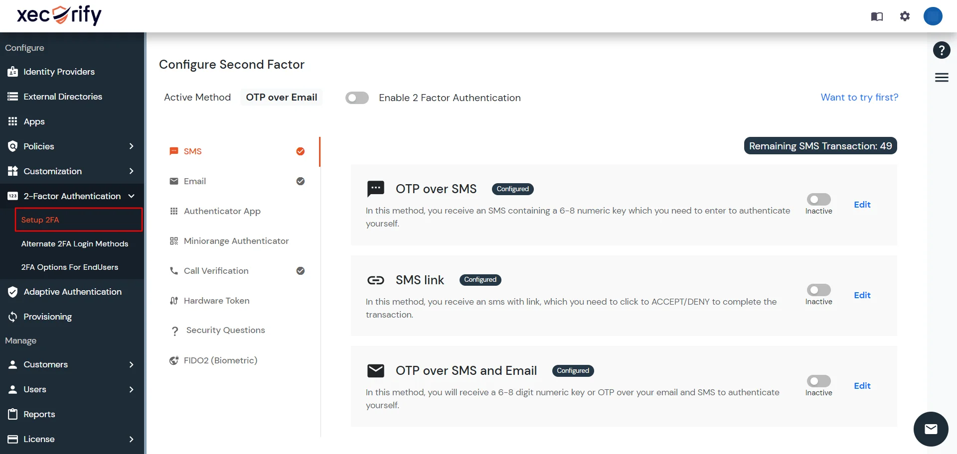 configure 2FA for users accordingly