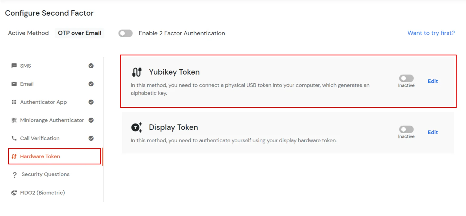 select YubiKey Hardware Token 2FA method for admin