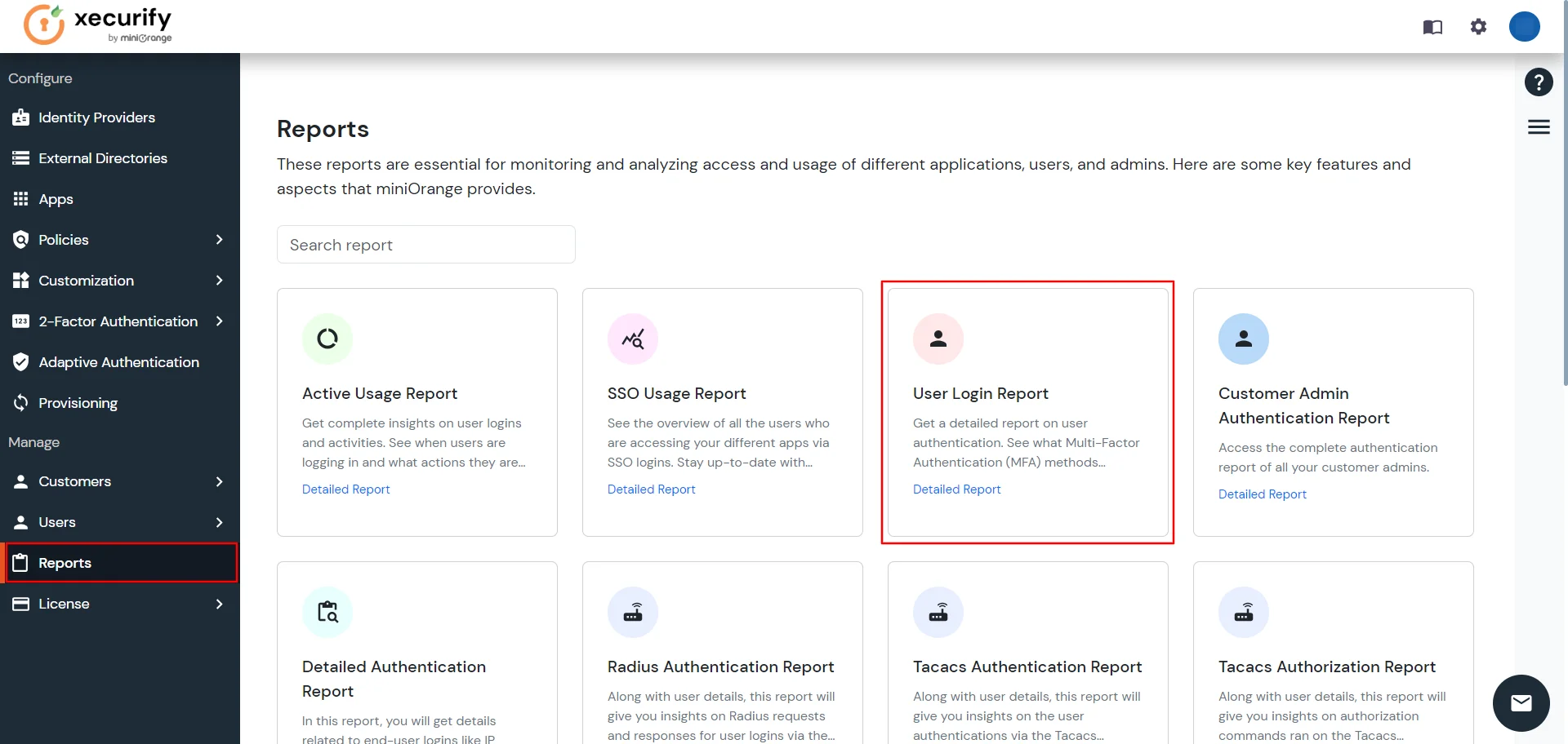 miniOrange Identity Platform Partner Portal Handbook: Click Reports, click User Login Report