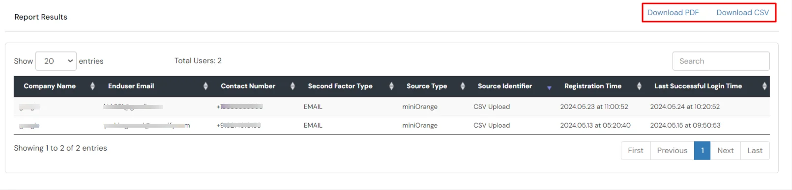 miniOrange Identity Platform Partner Portal Handbook: User registration report results