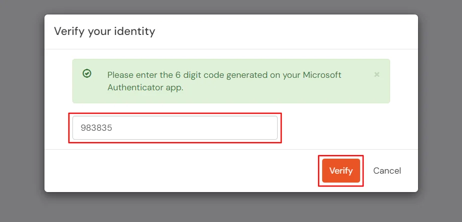 Enter OTP generated from Microsoft Authenticator