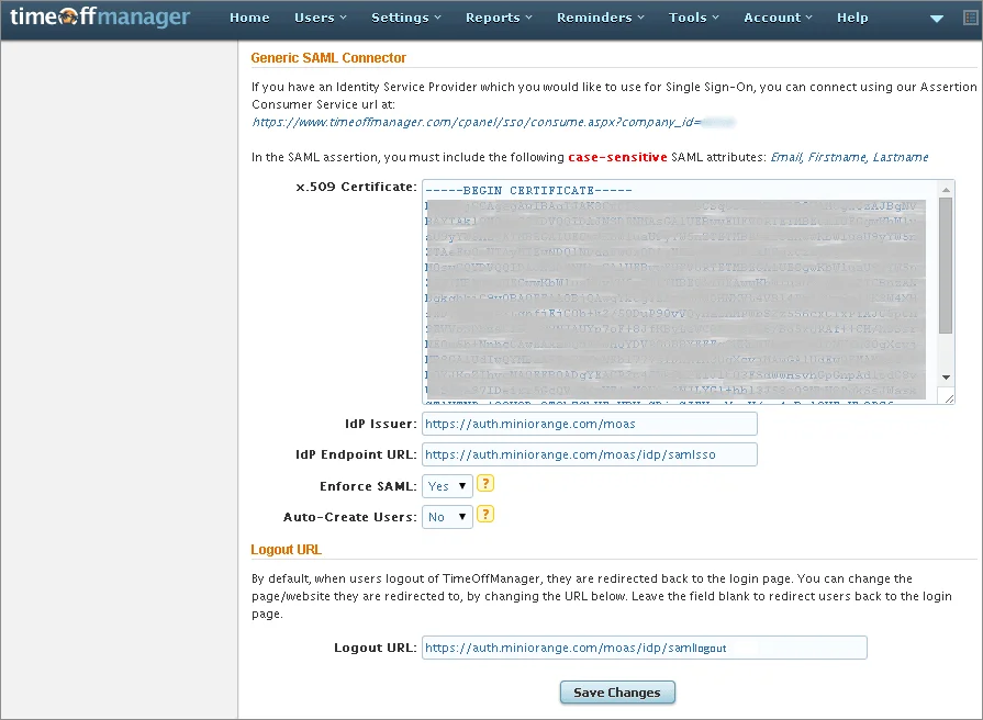 timeoffmanager sso saml settings