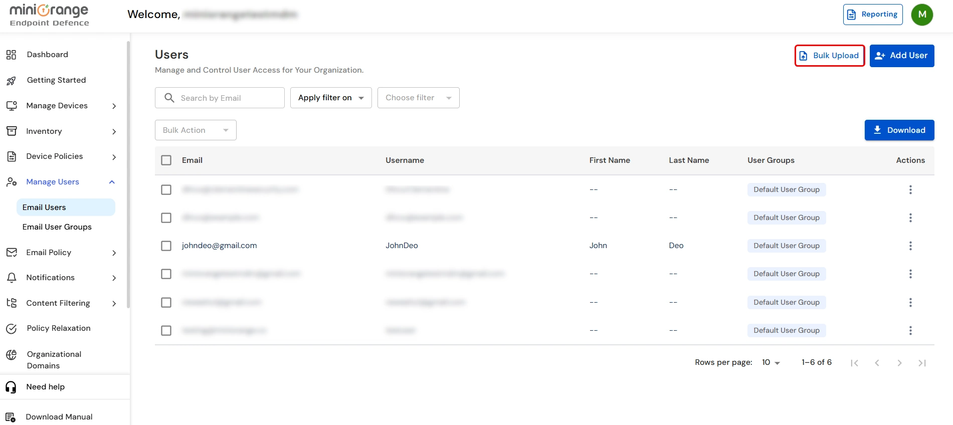 Bulk Upload button for importing multiple users into Android MDM