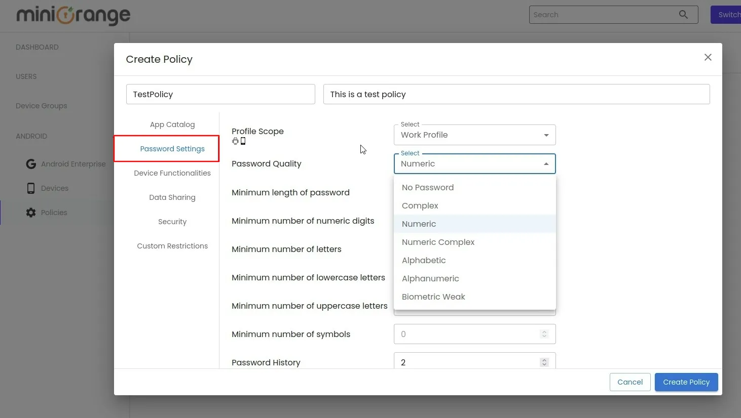 create policy passwords setting