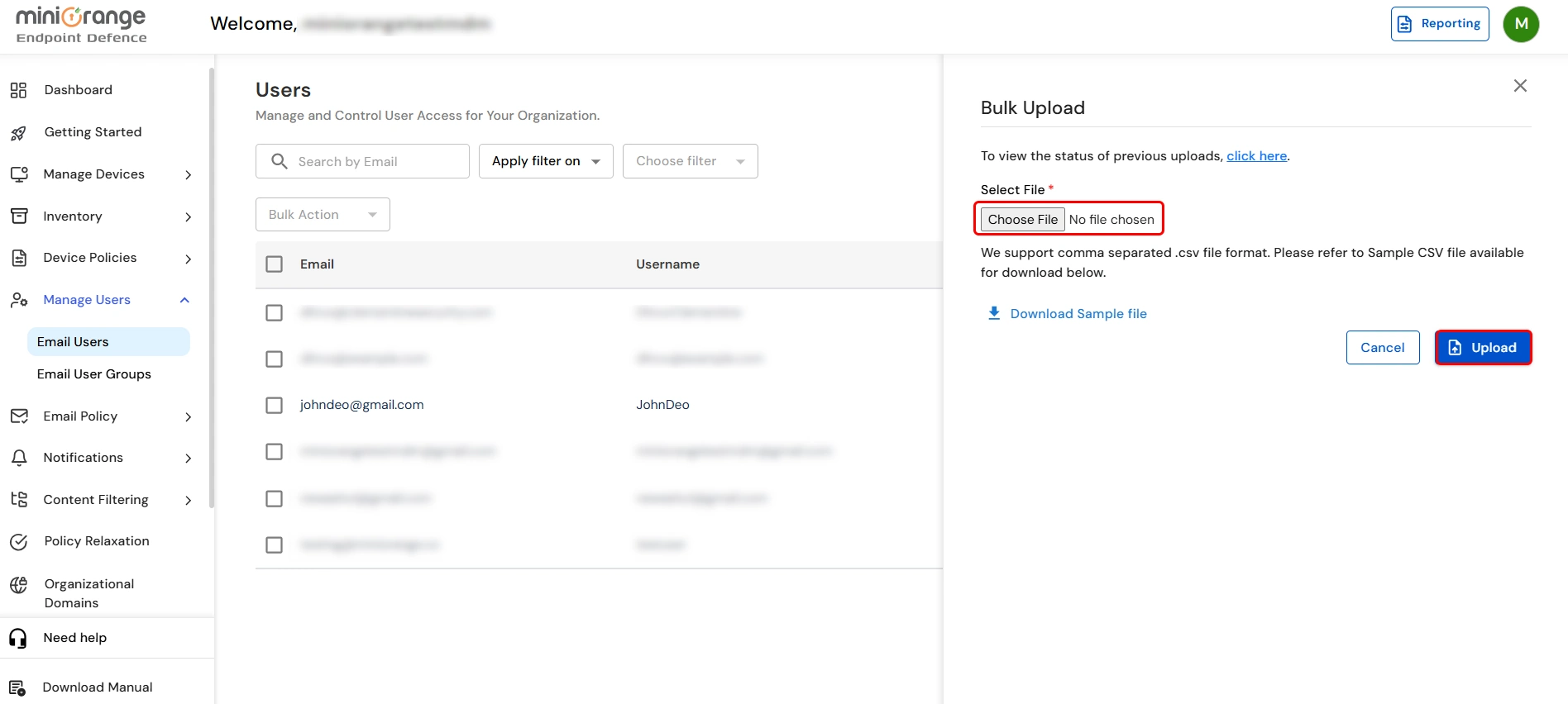 CSV file upload interface for bulk user import in Android MDM