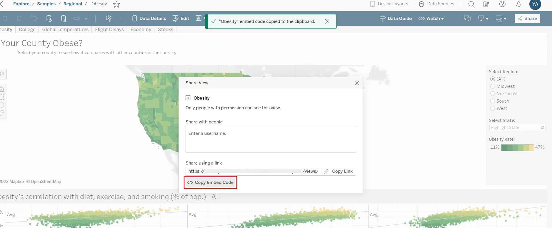 Tableau Online Single Sign-On (SSO): Copy the Embed code