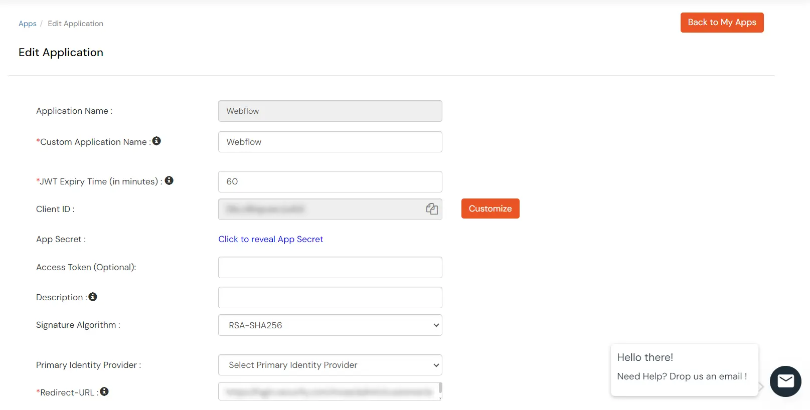 Webflow SSO: Search JWT application