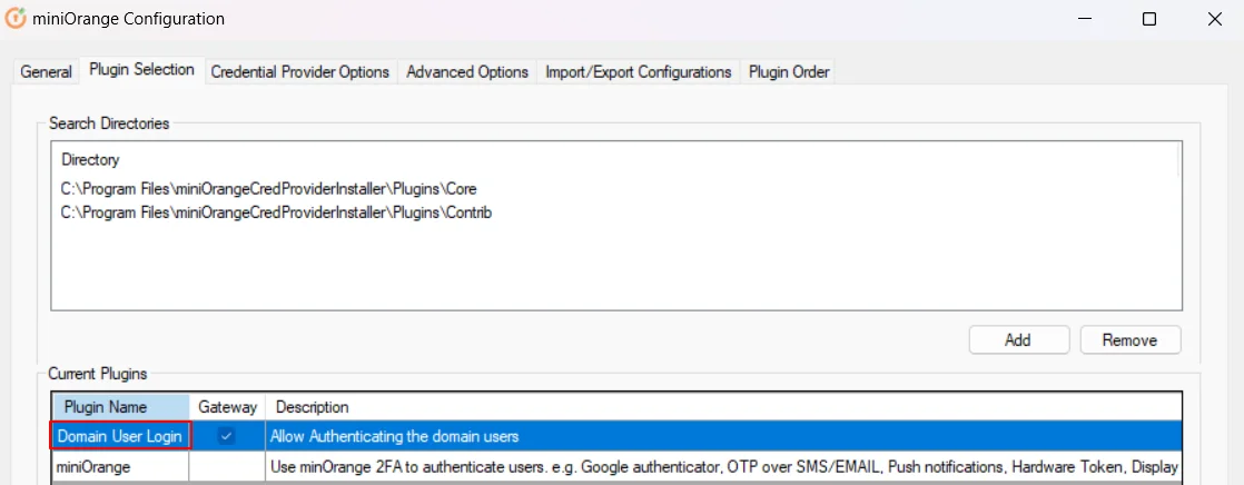 On Plugins Selection, double click Domain User Login