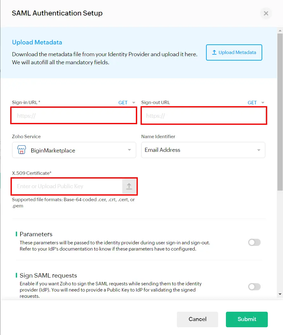 Zoho Subscription SAML Single Sign On (SSO) SAML settings