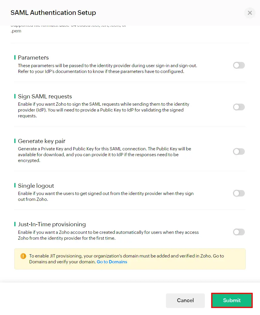 Zoho SAML Single Sign On (SSO) saml settings