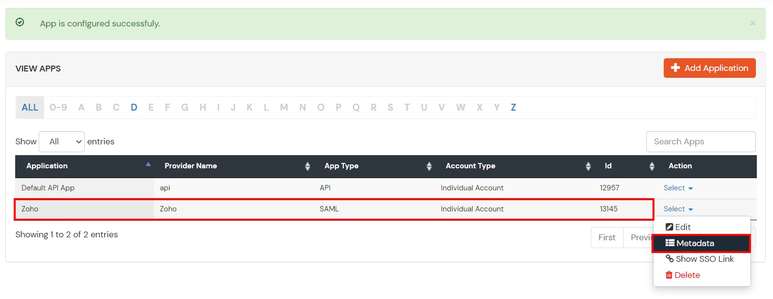 Zoho SSO (Single Sign-On) metadata link