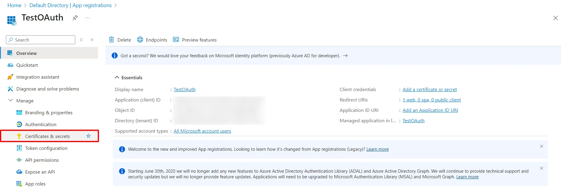 Microsoft Entra ID (Formerly Azure AD) OAuth IDP : Go to Manage > Certificates & Secrets