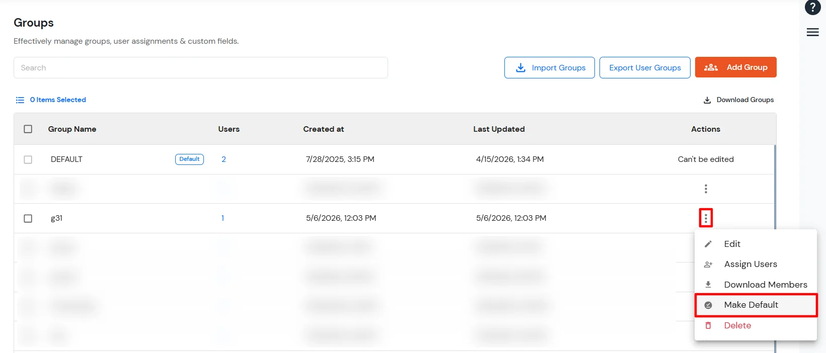 miniOrange Identity Platform Admin Handbook: Groups table, row Actions menu with Make Default
