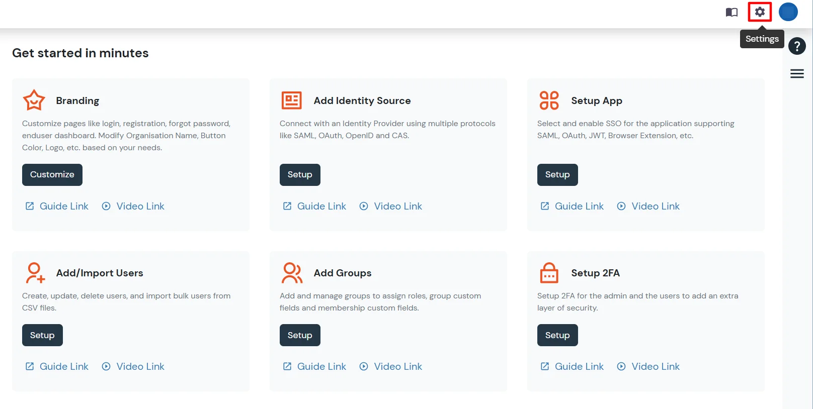 miniOrange Identity Platform Admin Handbook: Click on Settings icon